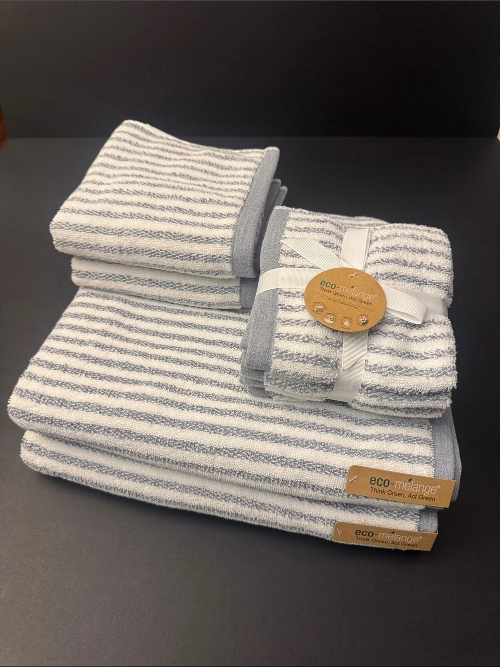 8pc Eco-Melange Striped Bath Towel Set - Waterless Coloring-Absorbent-White/Blue